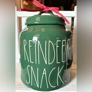 Rae Dunn Green Reindeer Snacks Canister with Red Ribbon